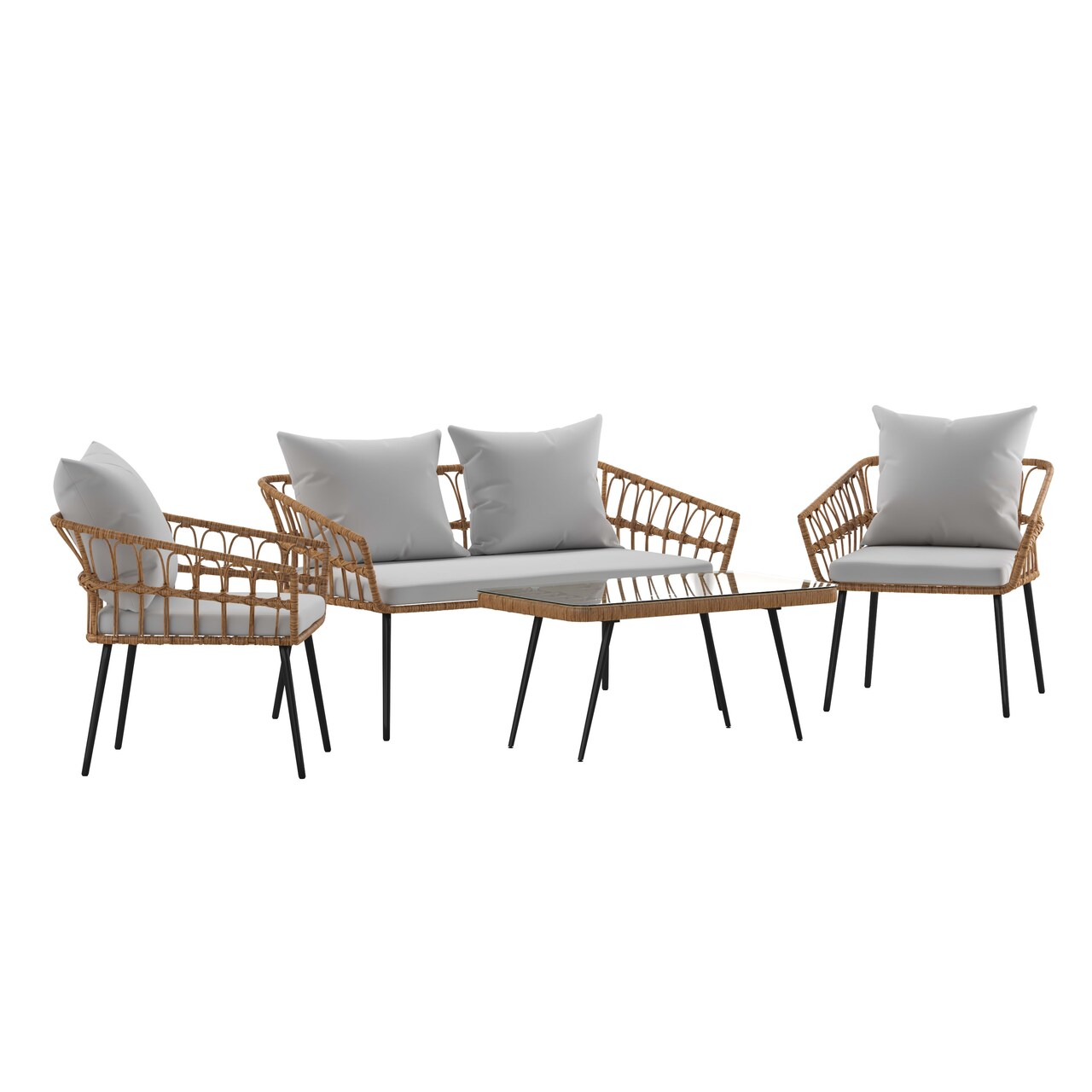 Merrick Lane Armon Four Piece Indoor/Outdoor Boho Open Weave Natural Rattan Rope Patio Set with Two Chairs, Loveseat and Table with Cushions